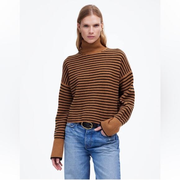 Madewell Wool Waffle-Knit Turtleneck in Hthr Caramel Stripe - Picture 1 of 5